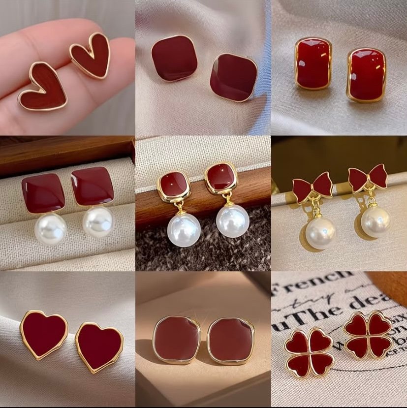 Vintage red enamel earrings set