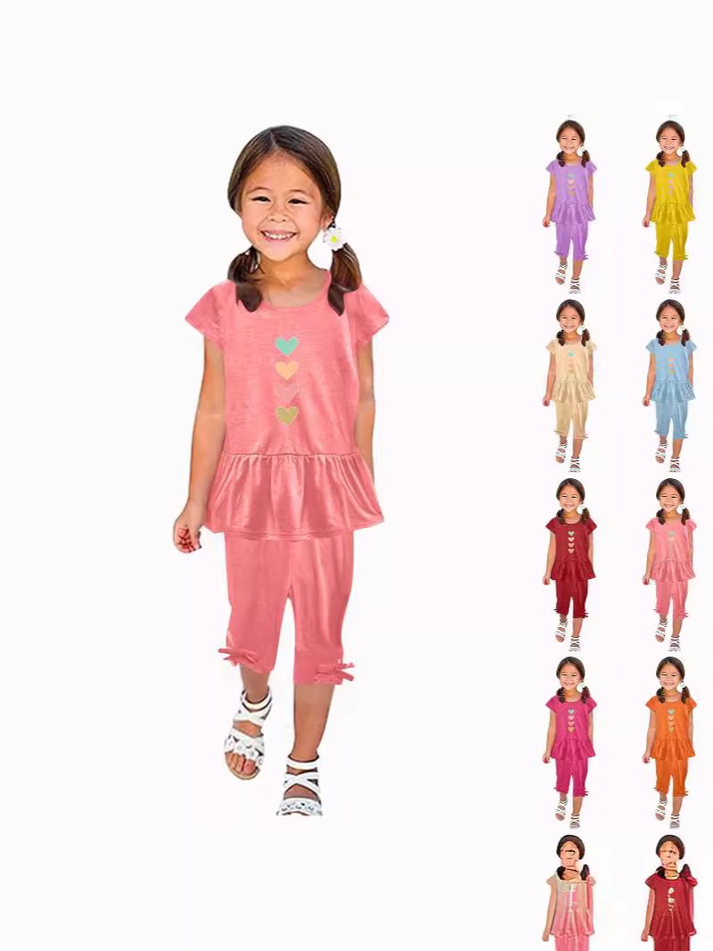 Girls' Cartoon Print Summer Set - Top & Capri Pants