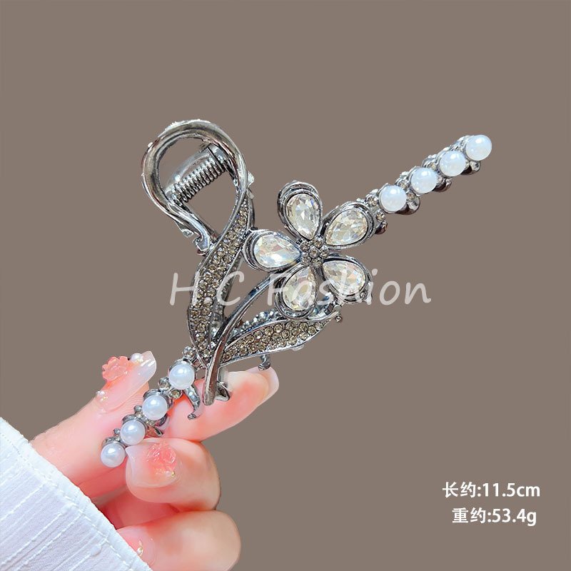 Elegant Flower Claw Clip - Pearl & Rhinestone Hair Clamp