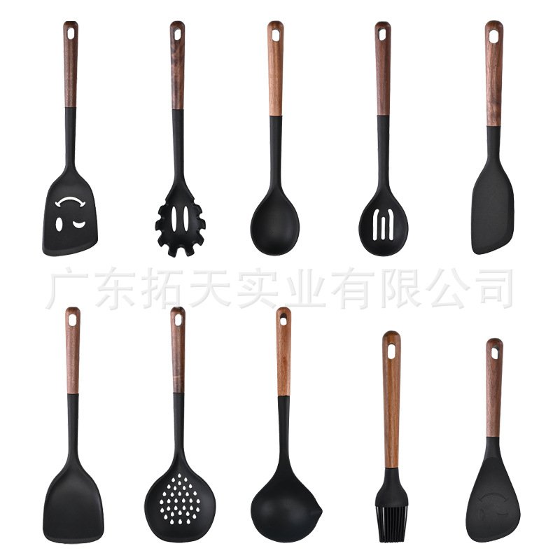 10-Piece Silicone Kitchen Utensil Set - Wooden Handles