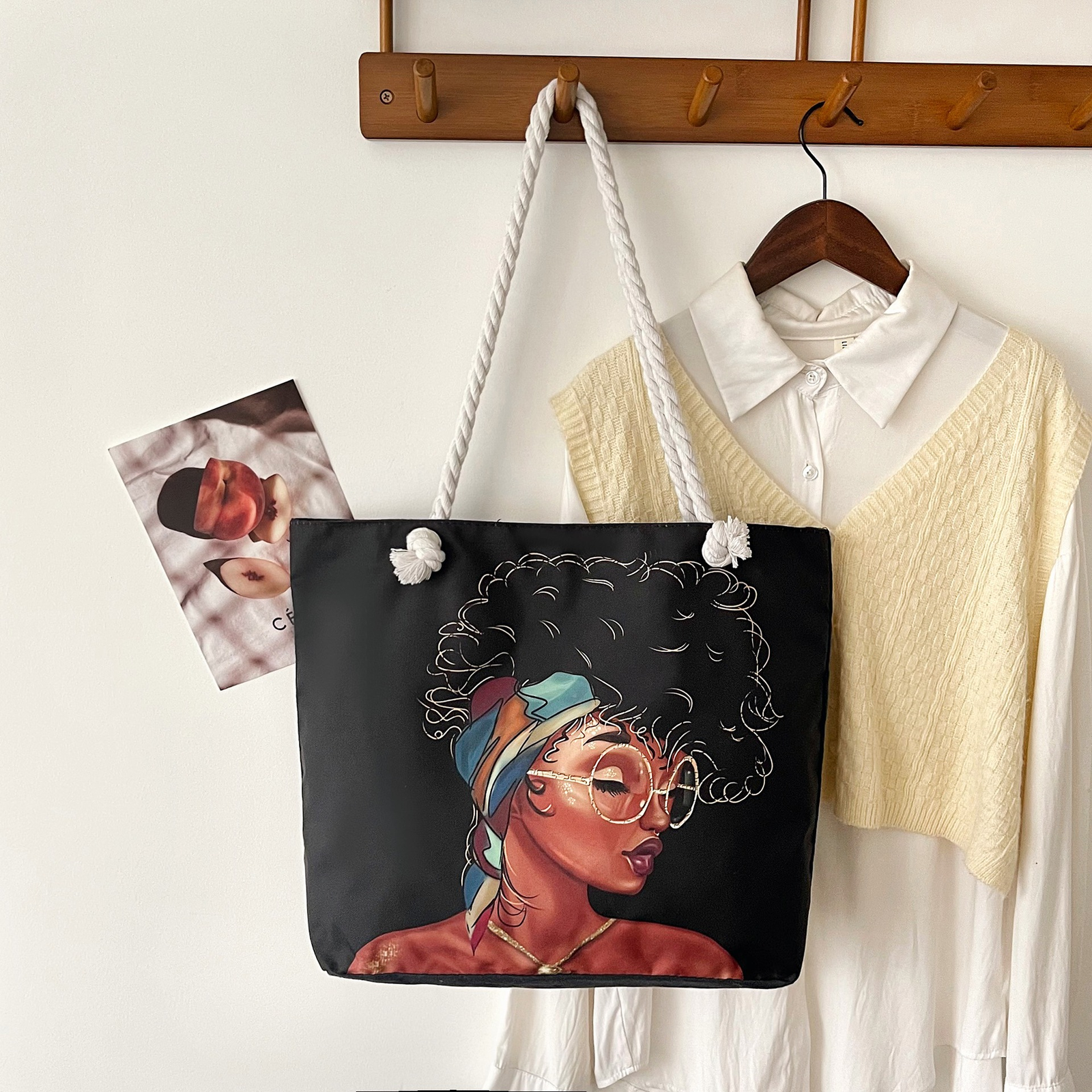 Vintage Rope Handle Beach Shopping Bag - Large Capacity Canvas Tote