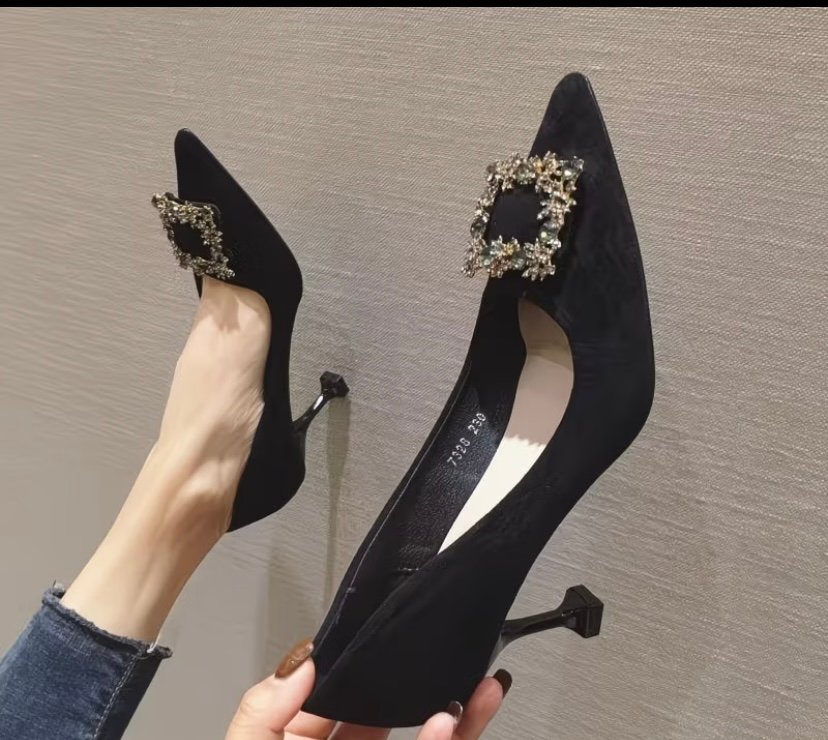 Black Rhinestone square buckle suede high heels